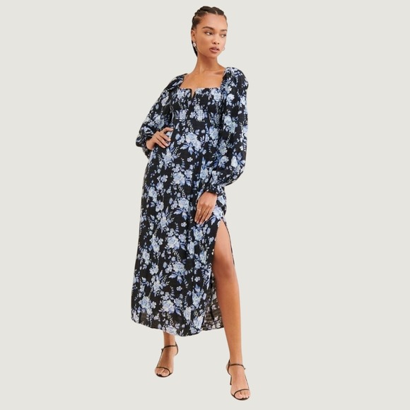 Free People Dresses & Skirts - Free People Black Blue Floral Smocked Midi Dress Square Neck Side Slit Small
